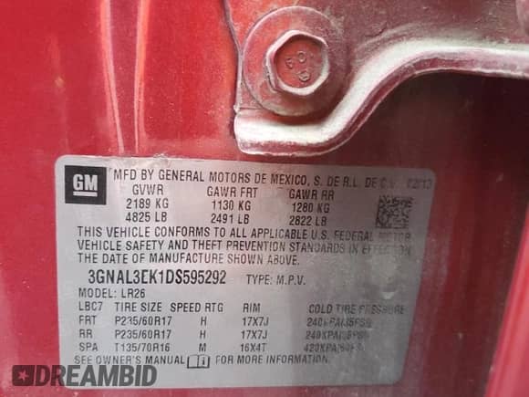 2013 Chevrolet Captiva Sport LT с VIN 3GNAL3EK1DS595292, выставлен на аукционе Copart как лот 72775134 с пробегом 113 356 миль миль и Списание • Salvage title. История ставок и продаж доступна на DreamBid. Изображение 13.