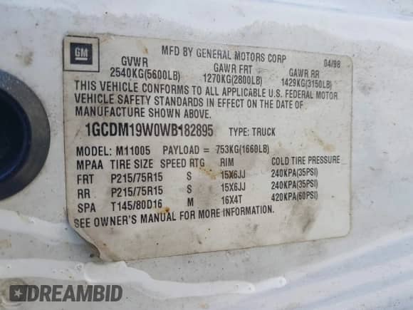 1998 Chevrolet Astro Cargo с VIN 1GCDM19W0WB182895, выставлен на аукционе IAAI как лот 42673235 с пробегом 270 328 миль миль и . История ставок и продаж доступна на DreamBid. Изображение 9.