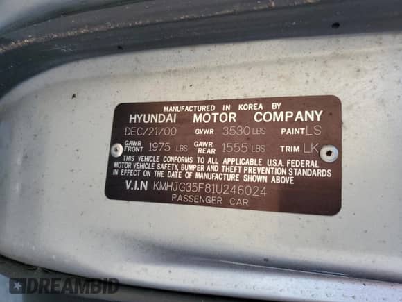 2001 Hyundai Tiburon с VIN KMHJG35F81U246024, выставлен на аукционе Copart как лот 77709294 с пробегом 127 057 миль миль и На запчасти • Non repairable. История ставок и продаж доступна на DreamBid. Изображение 12.