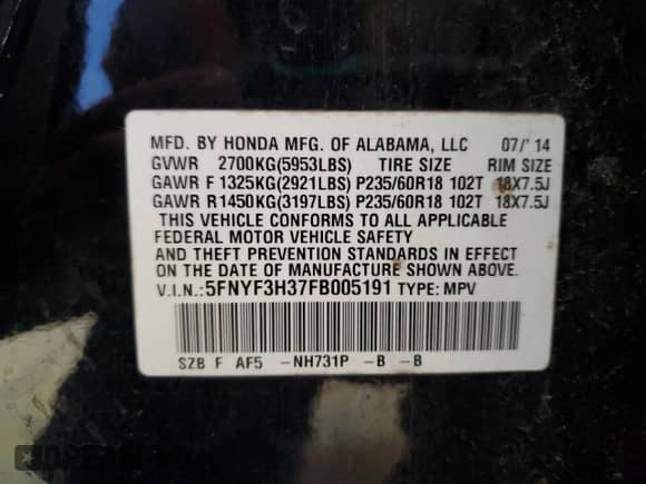 2015 Honda Pilot SE with VIN 5FNYF3H37FB005191, listed as a Copart auction lot 70556615 with 253,006 mi miles and Clean title. Bid and sale history available at DreamBid. Image 13.