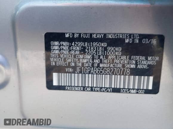 2016 Subaru Impreza Premium с VIN JF1GPAB65G8270778, выставлен на аукционе IAAI как лот 42891616 с пробегом 77 071 миль миль и . История ставок и продаж доступна на DreamBid. Изображение 9.