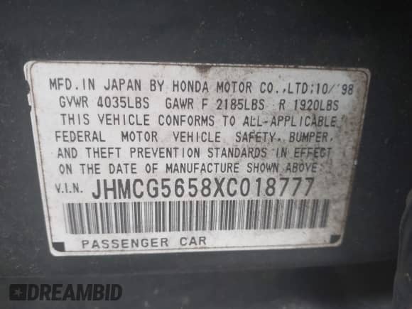 1999 Honda Accord EX with VIN JHMCG5658XC018777, listed as a IAAI auction lot 42761840 with 280,454 mi miles and . Bid and sale history available at DreamBid. Image 9.
