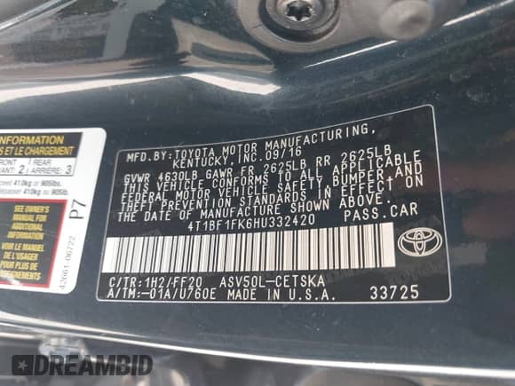 2017 Toyota Camry XLE с VIN 4T1BF1FK6HU332420, выставлен на аукционе IAAI как лот 42512859 с пробегом 190 434 миль миль и . История ставок и продаж доступна на DreamBid. Изображение 9.