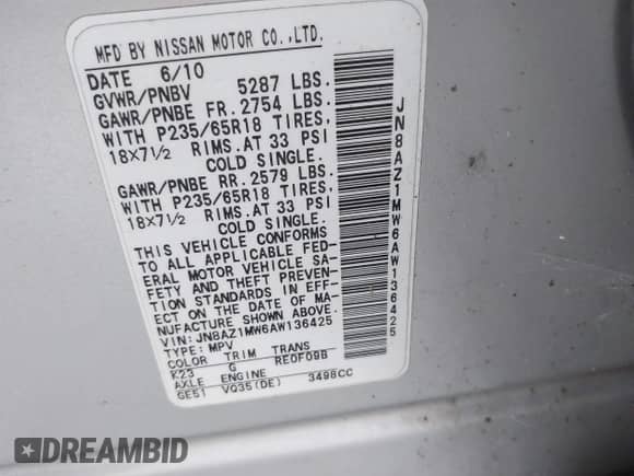 2010 Nissan Murano SL with VIN JN8AZ1MW6AW136425, listed as a IAAI auction lot 42967908 with 101,992 mi miles and . Bid and sale history available at DreamBid. Image 9.