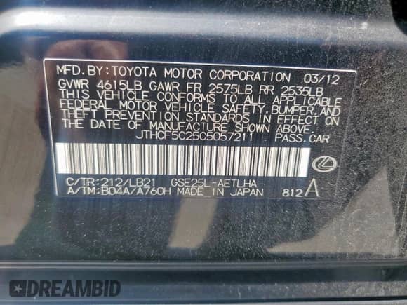 2012 Lexus IS 250 z VIN JTHCF5C25C5057211, wystawiony jako Copart lot #80361005 z przebiegiem 93 012 mil mil oraz Szkoda całkowita • Salvage title. Historia ofert i sprzedaży dostępna na DreamBid. Obrazek 12.