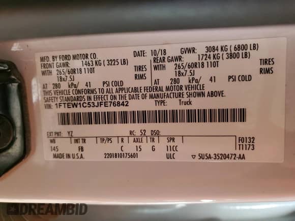 2018 Ford F-150 XL z VIN 1FTEW1C53JFE76842, wystawiony jako Copart lot #69550775 z przebiegiem 165 634 mil mil oraz Czysty tytuł • Clean title. Historia ofert i sprzedaży dostępna na DreamBid. Obrazek 12.