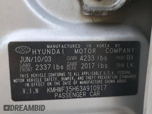 2003 Hyundai Sonata GLS with VIN KMHWF35H63A910917, listed as a Copart auction lot 71657584 with 120,196 mi miles and Salvage title. Bid and sale history available at DreamBid. Image 12.