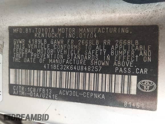 2004 Toyota Camry LE с VIN 4T1BE32K64U848257, выставлен на аукционе IAAI как лот 43434528 с пробегом 162 538 миль миль и . История ставок и продаж доступна на DreamBid. Изображение 9.