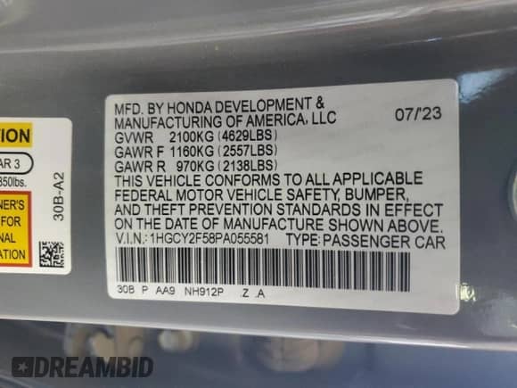 2023 Honda Accord Sport с VIN 1HGCY2F58PA055581, выставлен на аукционе Copart как лот 82209375 с пробегом 52 037 миль миль и Списание • Salvage title. История ставок и продаж доступна на DreamBid. Изображение 12.