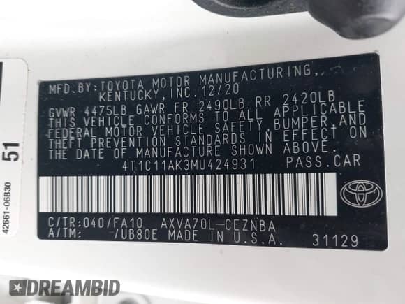 2021 Toyota Camry LE z VIN 4T1C11AK3MU424931, wystawiony jako IAAI lot #42981102 z przebiegiem 42 246 mil mil oraz . Historia ofert i sprzedaży dostępna na DreamBid. Obrazek 9.