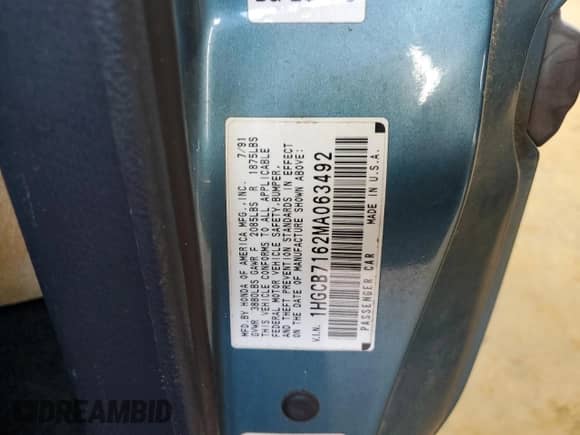 1991 Honda Accord with VIN 1HGCB7162MA063492, listed as a Copart auction lot 54439245 with 280,791 mi miles and Salvage title. Bid and sale history available at DreamBid. Image 13.