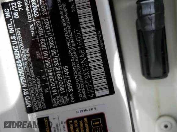 2022 Mercedes-Benz GLS 63 AMG with VIN 4JGFF8KE2NA816057, listed as a Copart auction lot 58068515 with 20,395 mi miles and Salvage title. Bid and sale history available at DreamBid. Image 13.