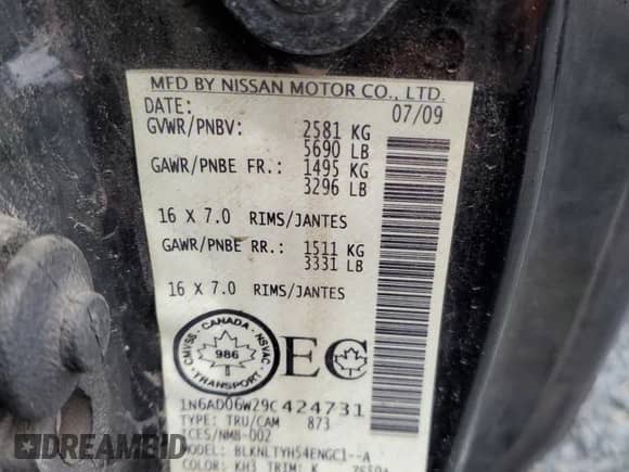 2009 Nissan Frontier SE with VIN 1N6AD06W29C424731, listed as a Copart auction lot 67630215 with 165,611 mi miles and Clean title. Bid and sale history available at DreamBid. Image 10.