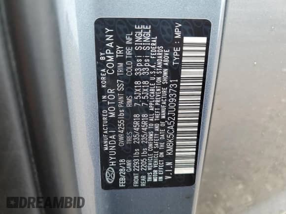 2018 Hyundai Kona Ultimate с VIN KM8K5CA52JU093731, выставлен на аукционе Copart как лот 61413325 с пробегом 14 601 миль миль и Списание • Salvage title. История ставок и продаж доступна на DreamBid. Изображение 12.