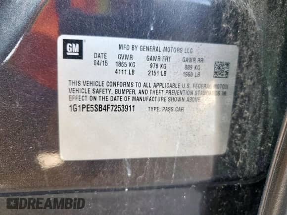 2015 Chevrolet Cruze LT with VIN 1G1PE5SB4F7253911, listed as a Copart auction lot 85130435 with 141,894 mi miles and Salvage title. Bid and sale history available at DreamBid. Image 12.