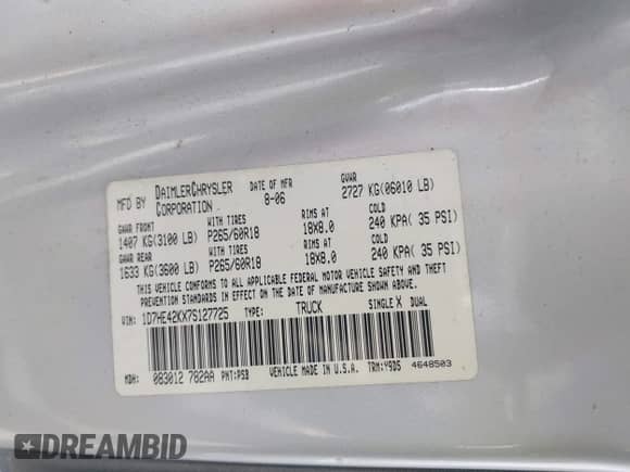 2007 Dodge Dakota SLT с VIN 1D7HE42KX7S127725, выставлен на аукционе IAAI как лот 42512470 с пробегом 186 455 миль миль и . История ставок и продаж доступна на DreamBid. Изображение 9.