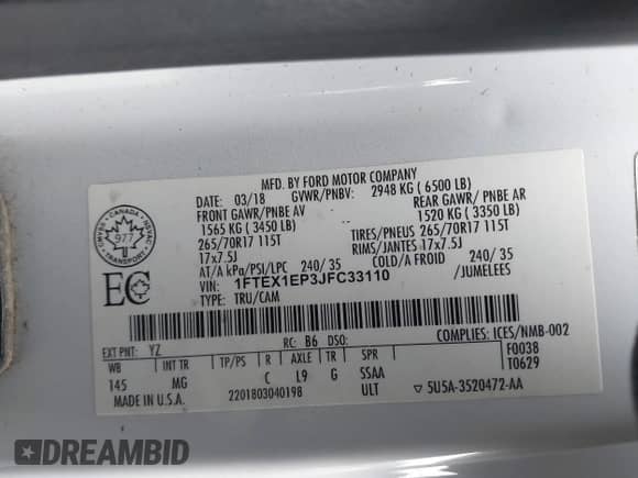 2018 Ford F-150 XL with VIN 1FTEX1EP3JFC33110, listed as a IAAI auction lot 41525206 with 140,192 mi miles and . Bid and sale history available at DreamBid. Image 9.