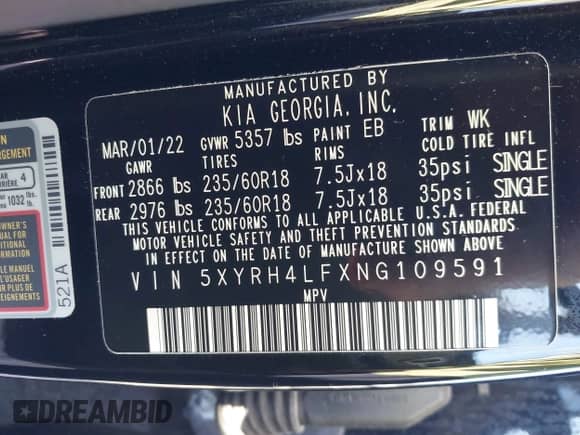 2022 Kia Sorento EX with VIN 5XYRH4LFXNG109591, listed as a IAAI auction lot 43158073 with 39,950 mi miles and . Bid and sale history available at DreamBid. Image 9.