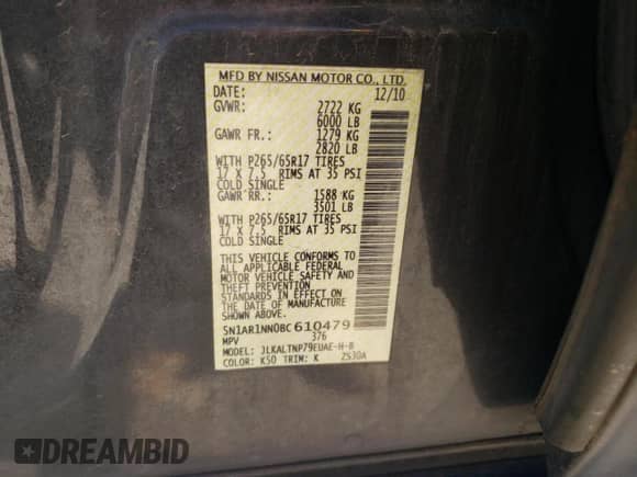 2011 Nissan Pathfinder S with VIN 5N1AR1NN0BC610479, listed as a Copart auction lot 56422505 with 165,116 mi miles and Salvage title. Bid and sale history available at DreamBid. Image 13.