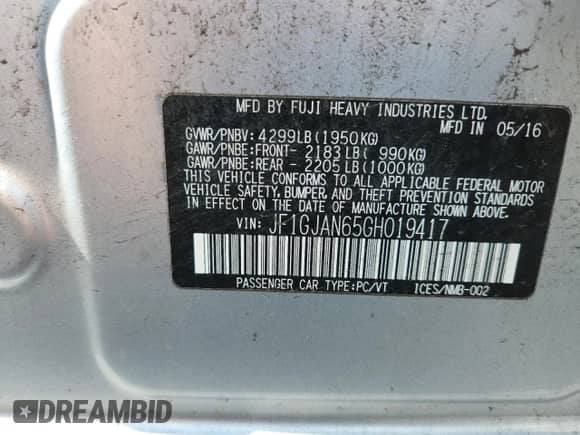 2016 Subaru Impreza Limited with VIN JF1GJAN65GH019417, listed as a Copart auction lot 64760475 with 129,932 mi miles and Salvage title. Bid and sale history available at DreamBid. Image 12.