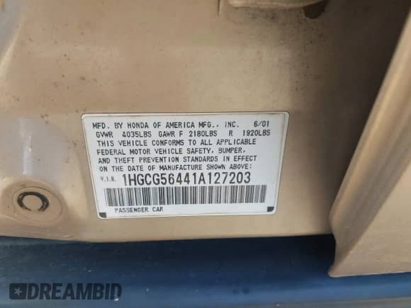 2001 Honda Accord LX with VIN 1HGCG56441A127203, listed as a IAAI auction lot 42966577 with Not provided miles and . Bid and sale history available at DreamBid. Image 9.