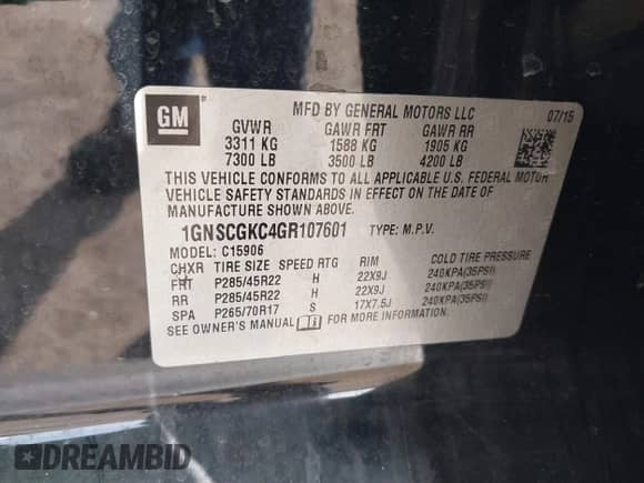 2016 Chevrolet Suburban LS with VIN 1GNSCGKC4GR107601, listed as a IAAI auction lot 41851819 with 481,158 mi miles and . Bid and sale history available at DreamBid. Image 9.
