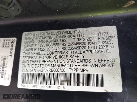 2024 Honda Passport Black Edition с VIN 5FNYF8H87RB000750, выставлен на аукционе IAAI как лот 42111195 с пробегом 2 500 миль миль и . История ставок и продаж доступна на DreamBid. Изображение 9.