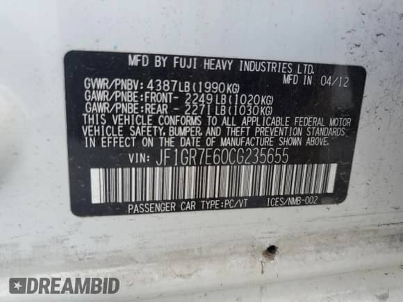 2012 Subaru WRX WRX Limited with VIN JF1GR7E60CG235655, listed as a Copart auction lot 55921875 with 161,226 mi miles and Salvage title. Bid and sale history available at DreamBid. Image 12.