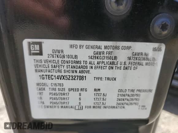 2005 GMC Sierra 1500 Work Truck with VIN 1GTEC14VX5Z327081, listed as a Copart auction lot 59348755 with 193,574 mi miles and Salvage title. Bid and sale history available at DreamBid. Image 12.