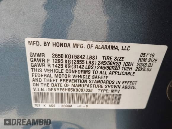 2019 Honda Pilot Touring 7-Passenger z VIN 5FNYF6H65KB087038, wystawiony jako IAAI lot #43396630 z przebiegiem 98 756 mil mil oraz . Historia ofert i sprzedaży dostępna na DreamBid. Obrazek 9.