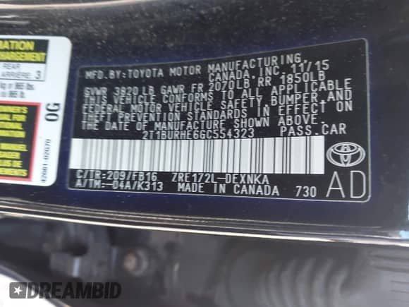 2016 Toyota Corolla L with VIN 2T1BURHE6GC554323, listed as a IAAI auction lot 42631223 with 58,314 mi miles and . Bid and sale history available at DreamBid. Image 9.