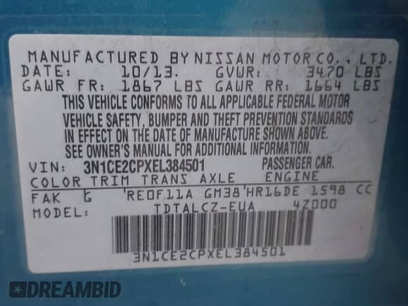 2014 Nissan Note SV z VIN 3N1CE2CPXEL384501, wystawiony jako IAAI lot #43303315 z przebiegiem 116 599 mil mil oraz . Historia ofert i sprzedaży dostępna na DreamBid. Obrazek 9.