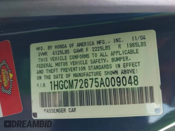 2005 Honda Accord EX-L с VIN 1HGCM72675A009048, выставлен на аукционе IAAI как лот 42095311 с пробегом 200 625 миль миль и . История ставок и продаж доступна на DreamBid. Изображение 9.