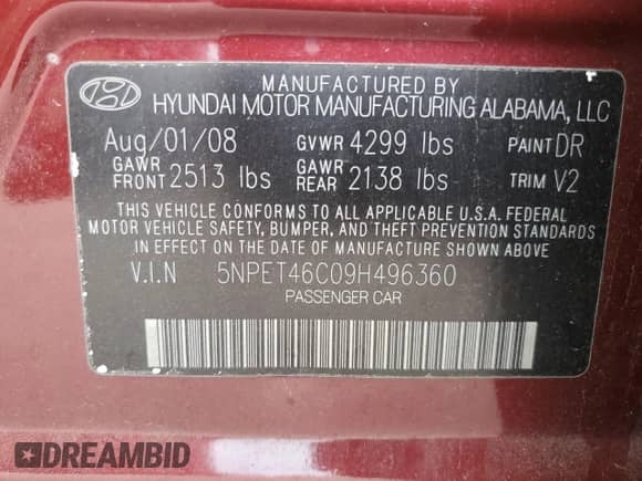 2009 Hyundai Sonata GLS with VIN 5NPET46C09H496360, listed as a Copart auction lot 81761085 with Not provided miles and Salvage title. Bid and sale history available at DreamBid. Image 13.