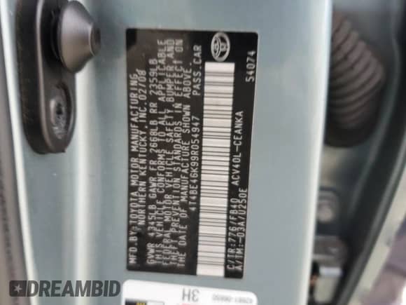 2009 Toyota Camry XLE with VIN 4T4BE46K99R054947, listed as a Copart auction lot 70231775 with 158,829 mi miles and Salvage title. Bid and sale history available at DreamBid. Image 12.