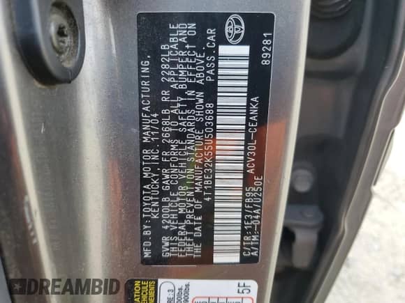 2005 Toyota Camry STD z VIN 4T1BE32K55U503688, wystawiony jako Copart lot #80491165 z przebiegiem 304 763 mil mil oraz Czysty tytuł • Clean title. Historia ofert i sprzedaży dostępna na DreamBid. Obrazek 12.