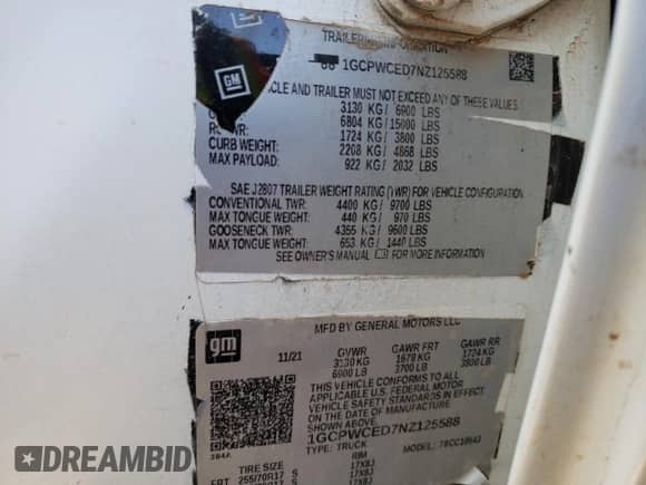 2022 Chevrolet Silverado 1500 LT с VIN 1GCPWCED7NZ125588, выставлен на аукционе Copart как лот 56434315 с пробегом Не указан миль и Списание • Salvage title. История ставок и продаж доступна на DreamBid. Изображение 12.