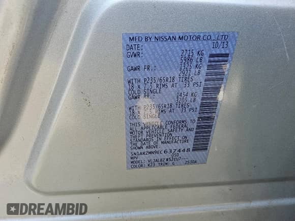 2014 Nissan Pathfinder S with VIN 5N1AR2MN9EC637448, listed as a Copart auction lot 53893825 with 121,186 mi miles and Clean title. Bid and sale history available at DreamBid. Image 13.