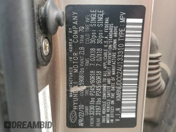 2010 Hyundai Veracruz GLS z VIN KM8NUDCC2AU133310, wystawiony jako Copart lot #78993984 z przebiegiem 240 926 mil mil oraz Szkoda całkowita • Salvage title. Historia ofert i sprzedaży dostępna na DreamBid. Obrazek 13.