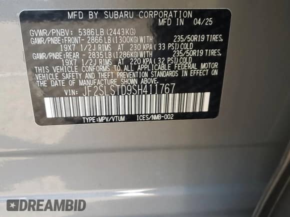 2025 Subaru Forester Touring Hybrid z VIN JF2SLSTD9SH411767, wystawiony jako Copart lot #68026365 z przebiegiem 1 113 mil mil oraz Szkoda całkowita • Salvage title. Historia ofert i sprzedaży dostępna na DreamBid. Obrazek 12.