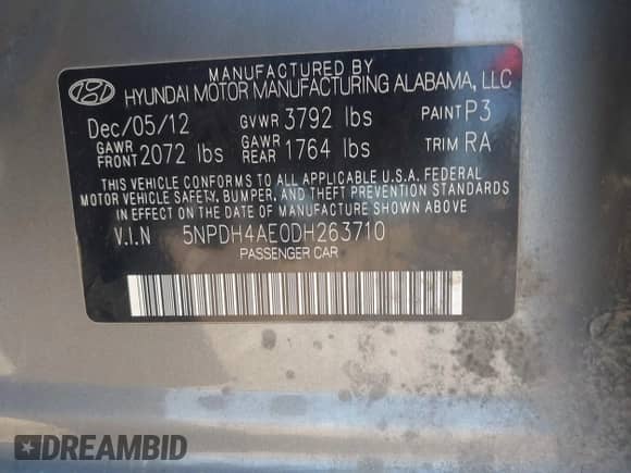 2013 Hyundai Elantra GLS z VIN 5NPDH4AE0DH263710, wystawiony jako IAAI lot #43174455 z przebiegiem 163 619 mil mil oraz . Historia ofert i sprzedaży dostępna na DreamBid. Obrazek 9.