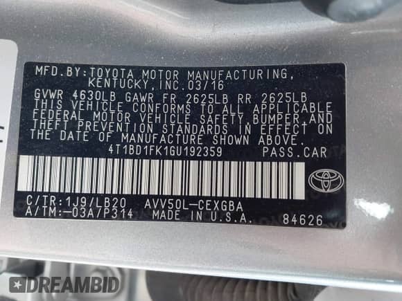 2016 Toyota Camry LE with VIN 4T1BD1FK1GU192359, listed as a IAAI auction lot 42265871 with 85,837 mi miles and . Bid and sale history available at DreamBid. Image 9.