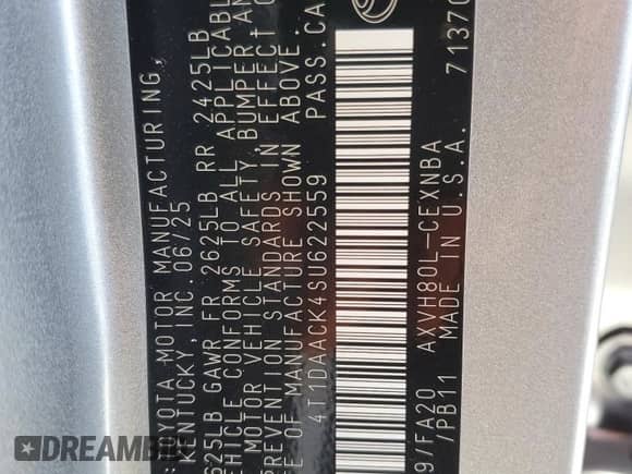 2025 Toyota Camry LE with VIN 4T1DAACK4SU622559, listed as a Copart auction lot 85568385 with 5,444 mi miles and Salvage title. Bid and sale history available at DreamBid. Image 13.