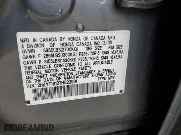 2007 Honda Pilot LX с VIN 2HKYF18127H523991, выставлен на аукционе Copart как лот 69492315 с пробегом 136 251 миль миль и Списание • Salvage title. История ставок и продаж доступна на DreamBid. Изображение 13.