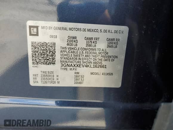 2019 Chevrolet Equinox Premier с VIN 3GNAXXEV4KL162661, выставлен на аукционе Copart как лот 81383305 с пробегом 78 598 миль миль и Списание • Salvage title. История ставок и продаж доступна на DreamBid. Изображение 14.