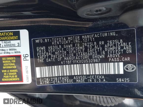 2012 Toyota Camry L z VIN 4T1BF1FKXCU532967, wystawiony jako IAAI lot #43080051 z przebiegiem 167 064 mil mil oraz . Historia ofert i sprzedaży dostępna na DreamBid. Obrazek 9.