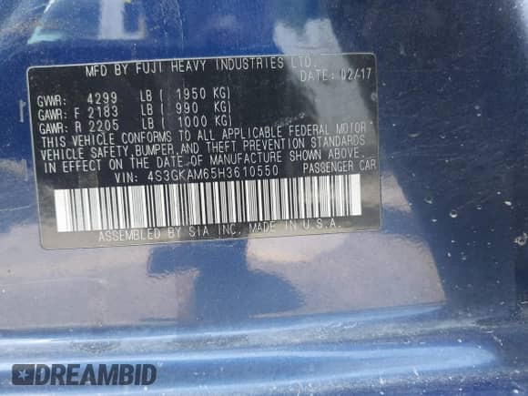 2017 Subaru Impreza Special Sports with VIN 4S3GKAM65H3610550, listed as a IAAI auction lot 42407080 with 133,746 mi miles and . Bid and sale history available at DreamBid. Image 9.