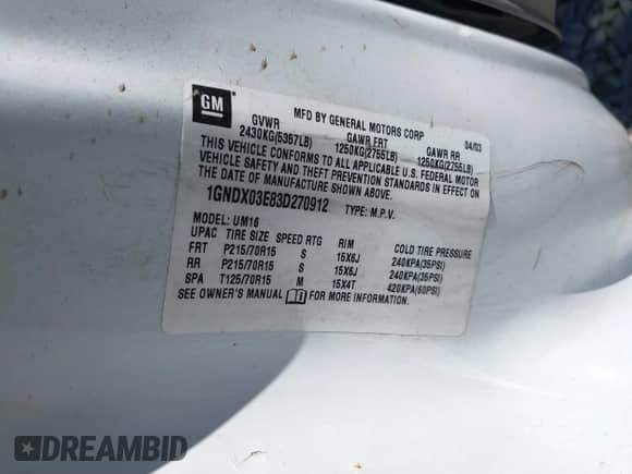 2003 Chevrolet Venture Y3G Mobility с VIN 1GNDX03E83D270912, выставлен на аукционе IAAI как лот 41764542 с пробегом 216 229 миль миль и . История ставок и продаж доступна на DreamBid. Изображение 9.