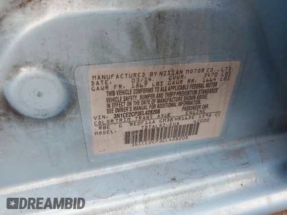 2014 Nissan Note SV with VIN 3N1CE2CP3EL428208, listed as a Copart auction lot 82325355 with 153,786 mi miles and Salvage title. Bid and sale history available at DreamBid. Image 12.