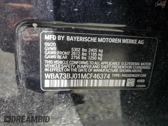 2021 BMW 5 Series 540i xDrive with VIN WBA73BJ01MCF46374, listed as a Copart auction lot 55096015 with 38,960 mi miles and Salvage title. Bid and sale history available at DreamBid. Image 13.